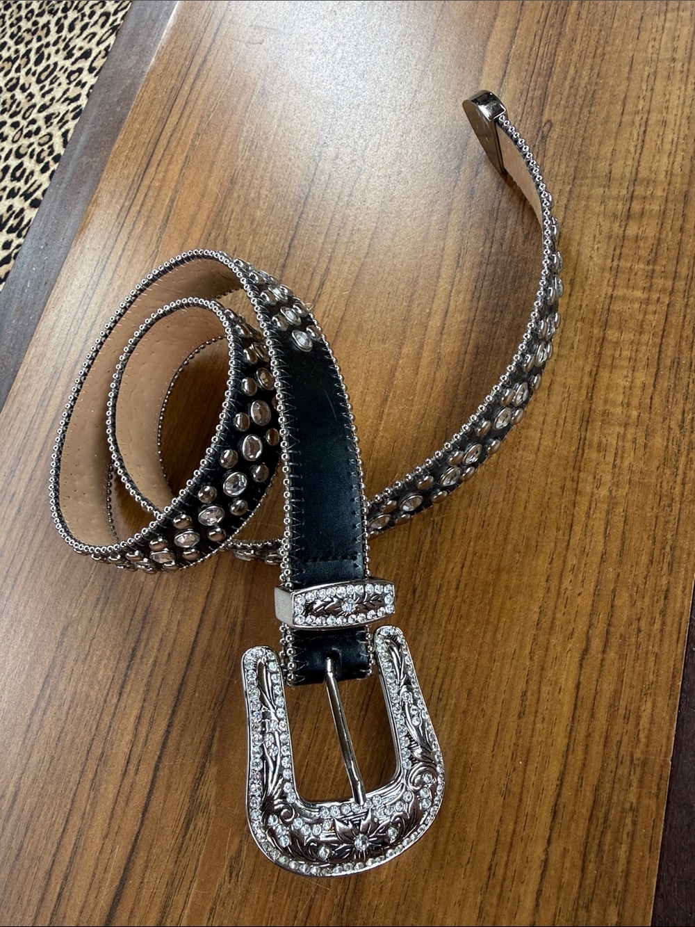 Studded Western Leather Belt with Ornate Silver Buckle - Black